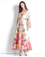 Court style lace printing long trumpet sleeves dress