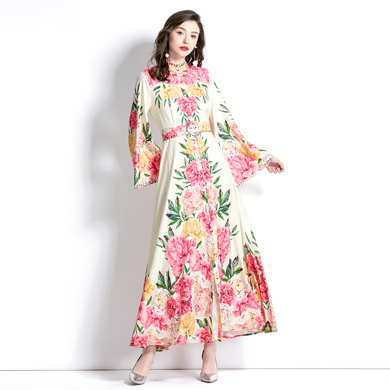 Court style lace printing long trumpet sleeves dress