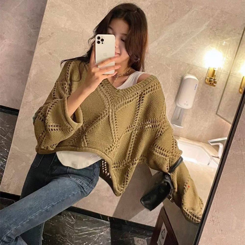 Hollow long sleeve V-neck sweater for women