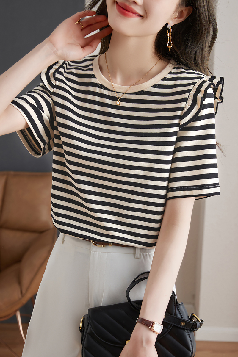 Short sleeve stripe T-shirt unique wood ear tops for women