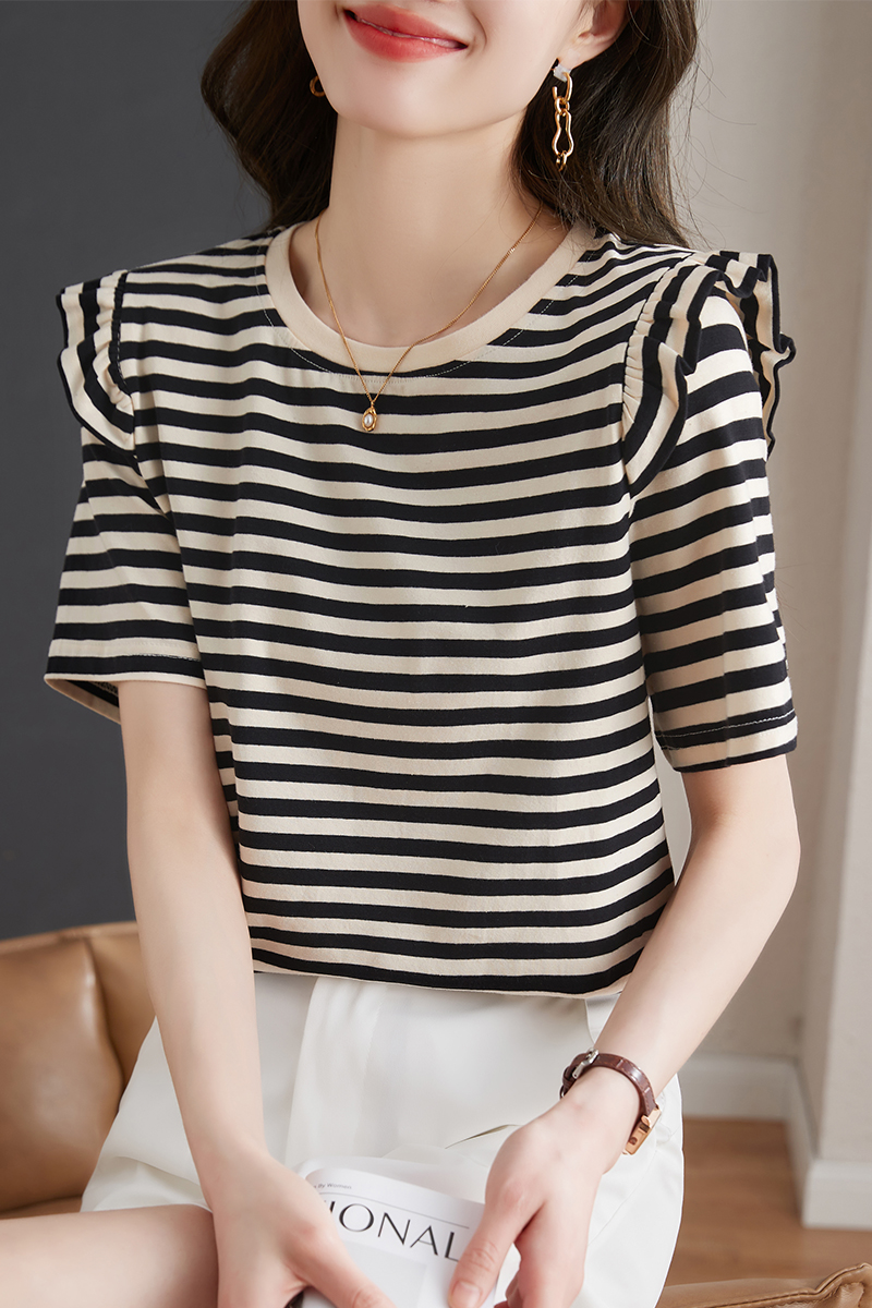 Short sleeve stripe T-shirt unique wood ear tops for women