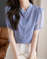 Lotus leaf edges blue tops retro stripe shirt for women