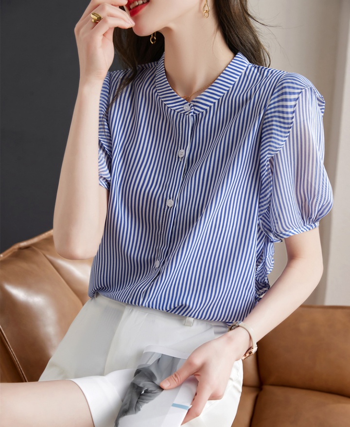Lotus leaf edges blue tops retro stripe shirt for women