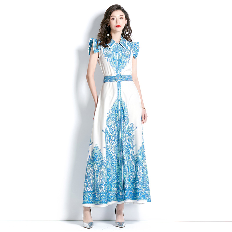 Printing court style spring and summer lapel dress