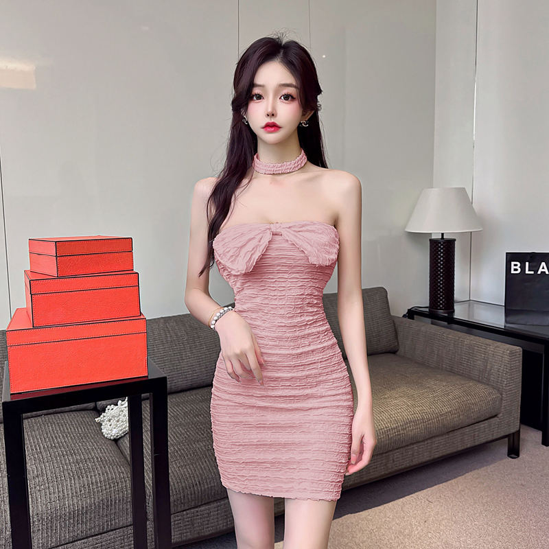 Pink slim bow wrapped chest summer sexy dress