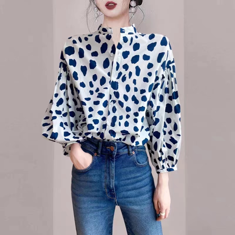 Fashionable puff sleeve tops polka dot spring shirt