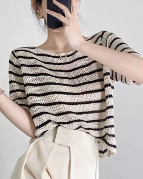 Short sleeve short sweater stripe hollow T-shirt
