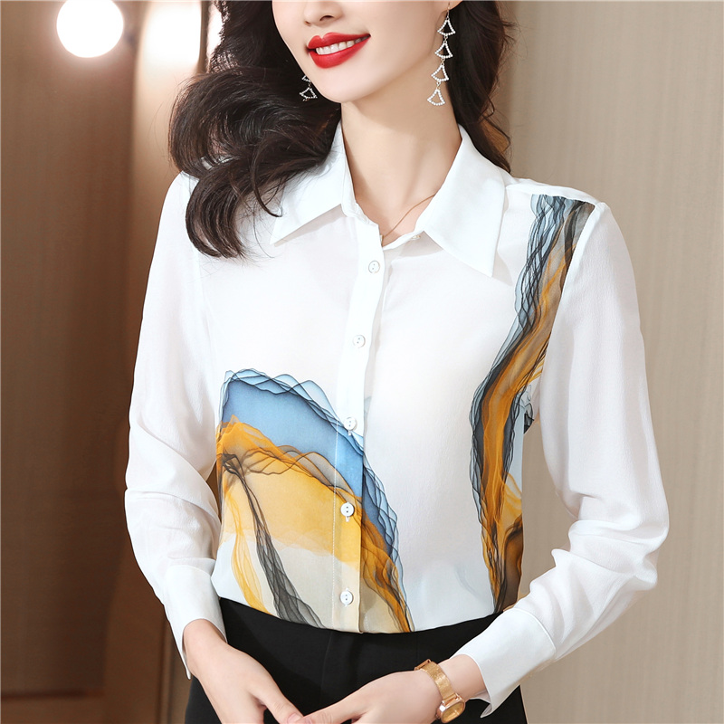 Temperament printing tops real silk silk shirt for women