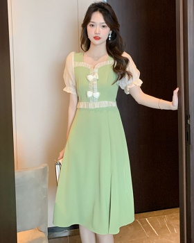 Bow tender summer France style splice Pseudo-two dress