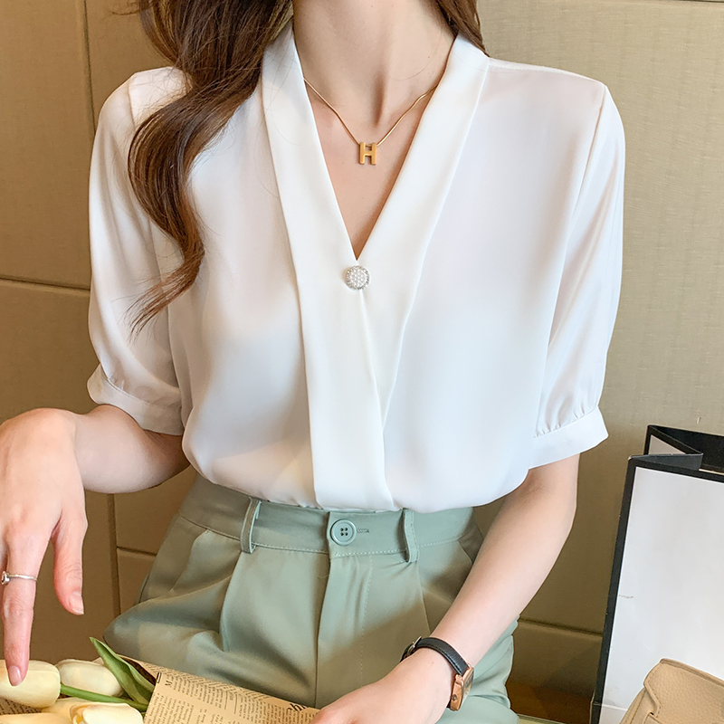 All-match V-neck Korean style summer chiffon shirt for women