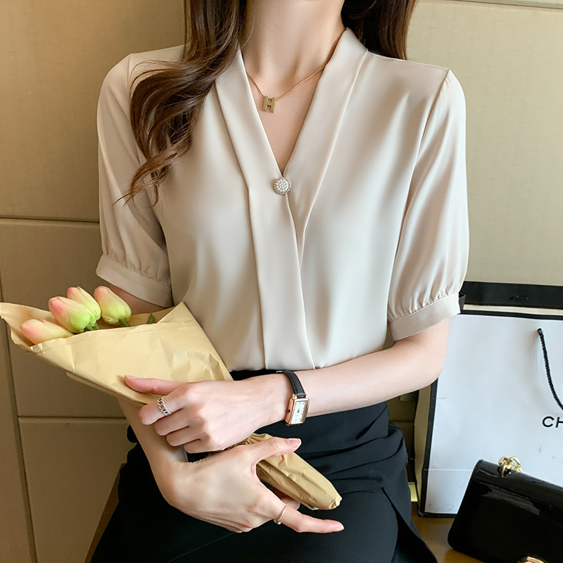 All-match V-neck Korean style summer chiffon shirt for women