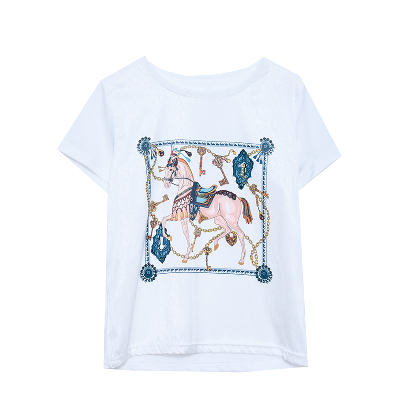 Satin floral chiffon shirt short sleeve silk T-shirt