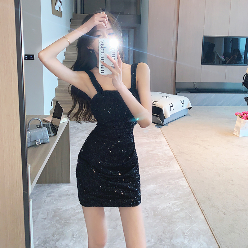 Glitter sexy slim T-back package hip sequins sling dress