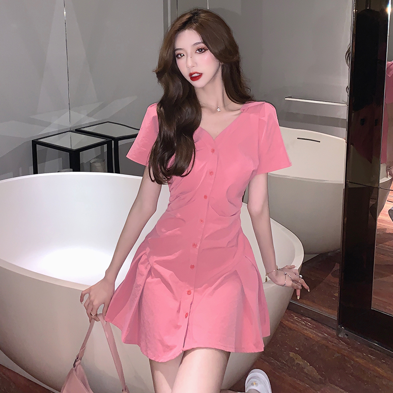 Slim summer fold pink V-neck pinched waist dress