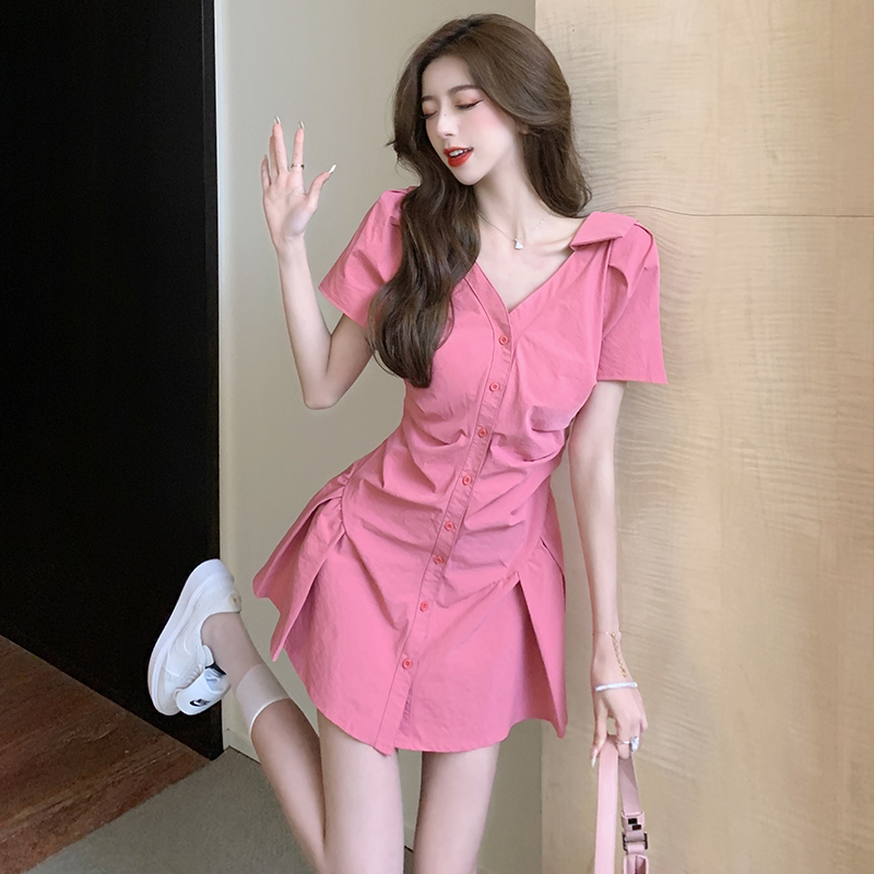 Slim summer fold pink V-neck pinched waist dress