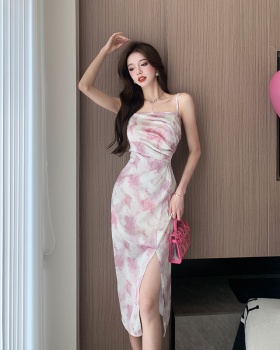 Satin split fold dress pink tender strap dress