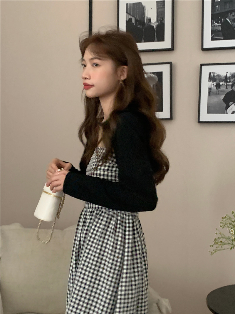 Plaid Korean style dress sling shawl 2pcs set