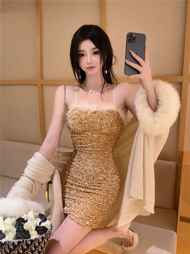 Sequins bottoming package hip splice dress for women