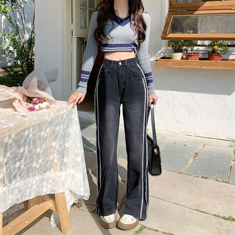 Loose Korean style jeans black stripe long pants