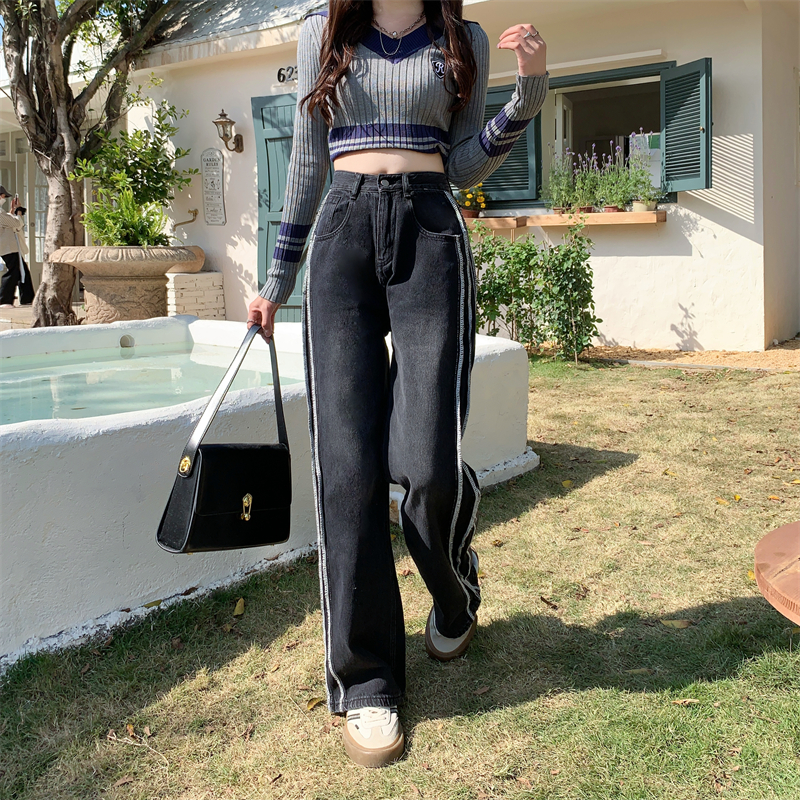 Loose Korean style jeans black stripe long pants