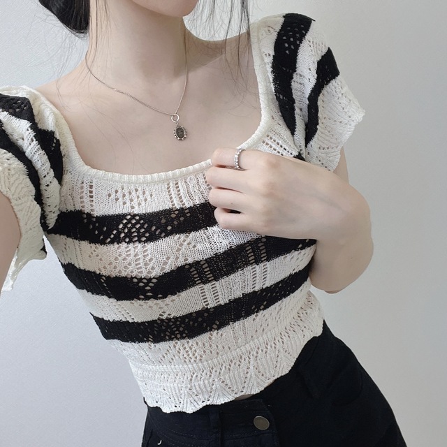 Summer hollow tops square collar sweater