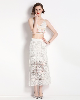 Sling Bohemian style skirt V-neck vacation tops 2pcs set