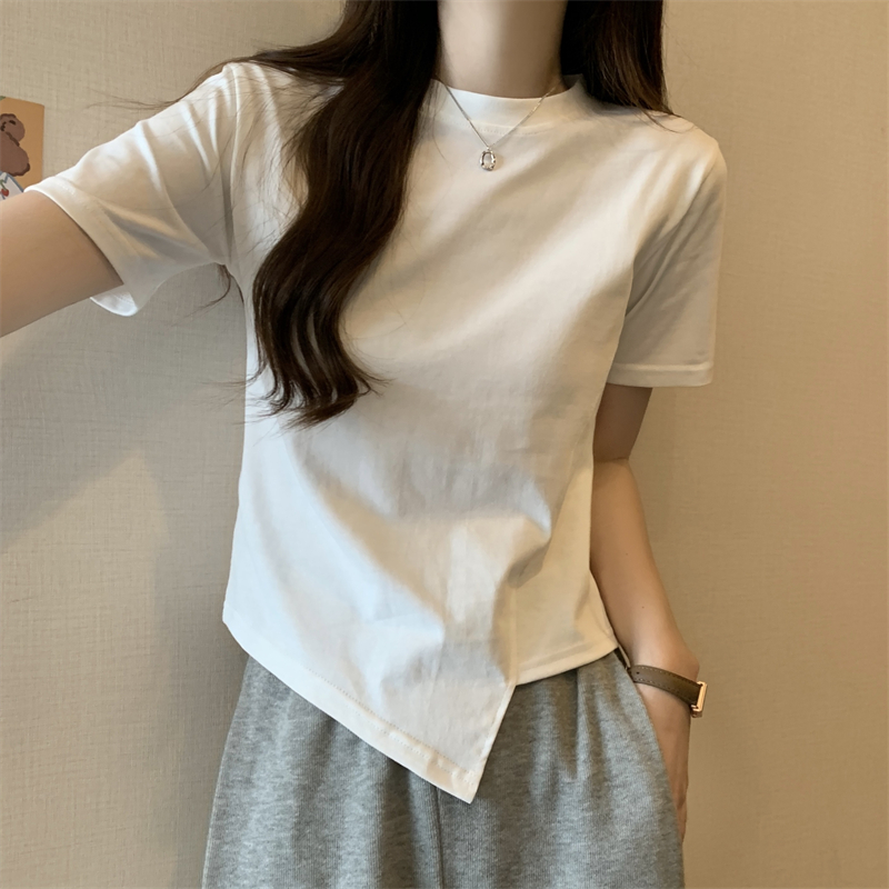 Cotton short sleeve summer high elastic irregular T-shirt