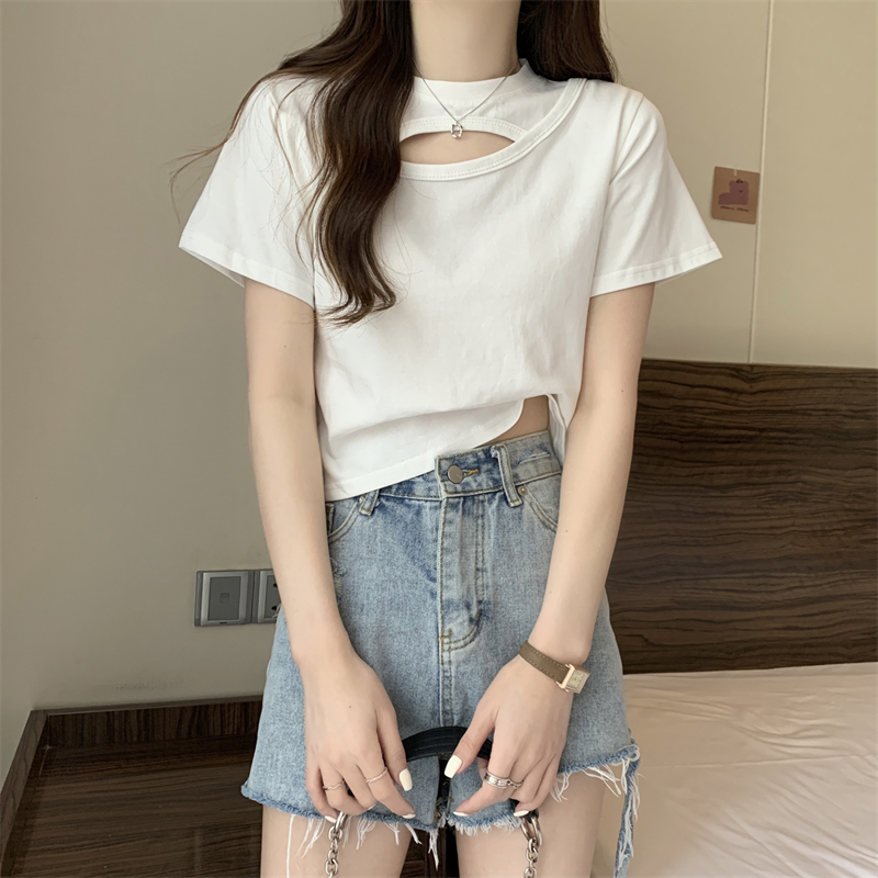 Short short sleeve T-shirt hollow tops for women