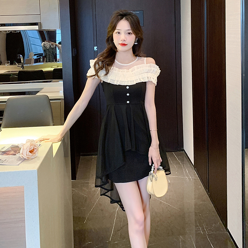 Gauze strapless little sexy unique irregular black slim dress