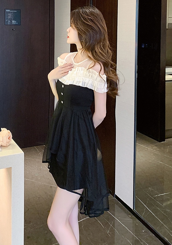 Gauze strapless little sexy unique irregular black slim dress