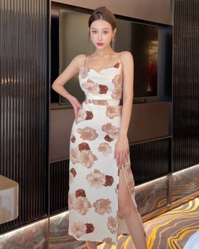Painting blooming temperament strap dress fold France style dress