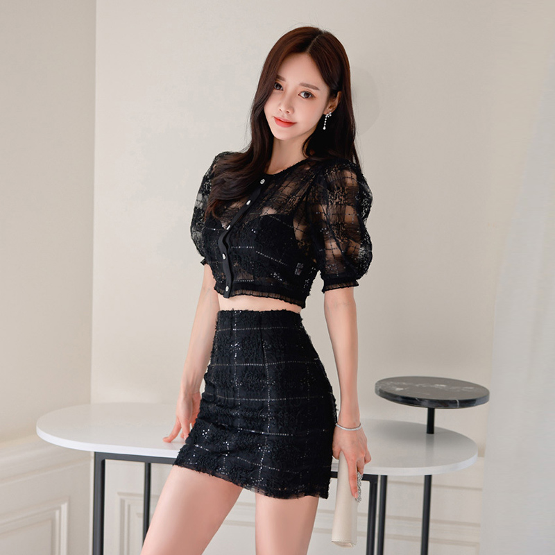 Spring round neck tops package hip buckle skirt 2pcs set