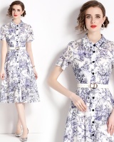 Pinched waist with belt dress printing commuting shirt