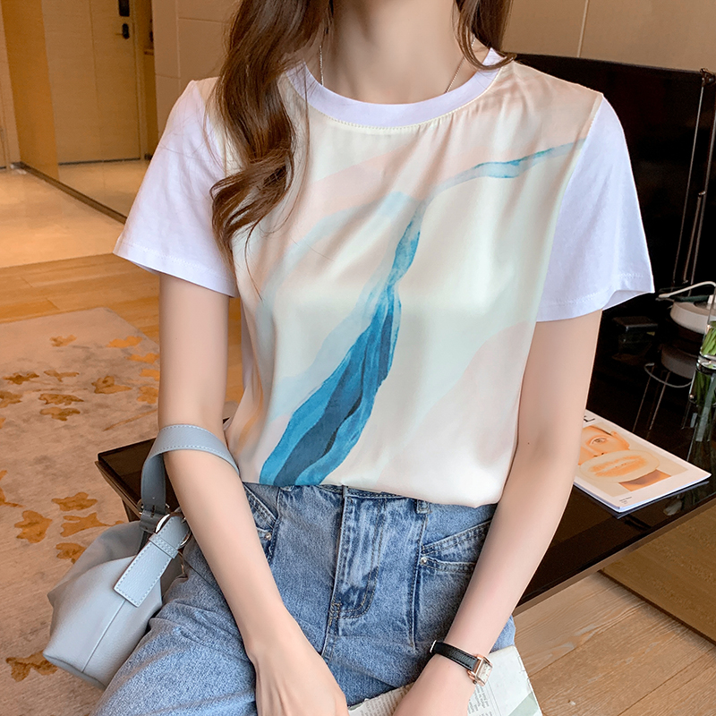 Short sleeve silk chiffon shirt floral satin T-shirt