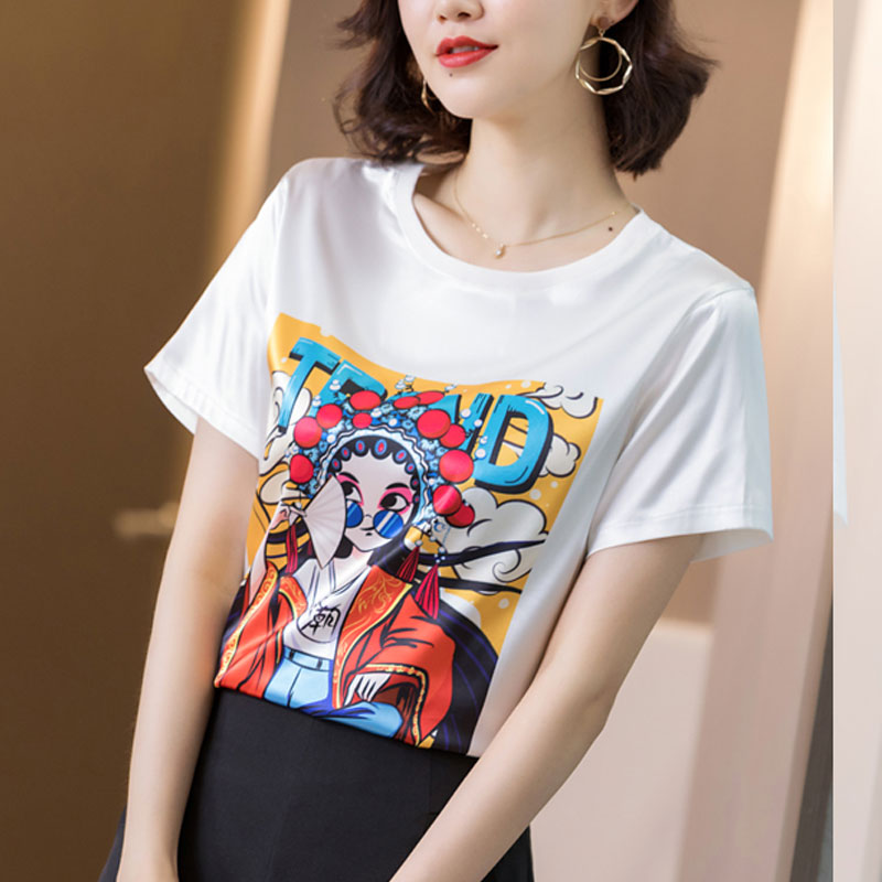 Short sleeve refinement tops satin splice T-shirt for women