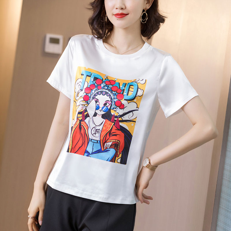 Short sleeve refinement tops satin splice T-shirt for women