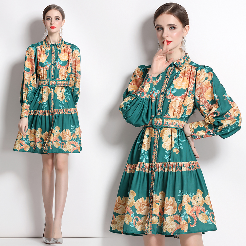 Fashion printing lantern sleeve high waist dress