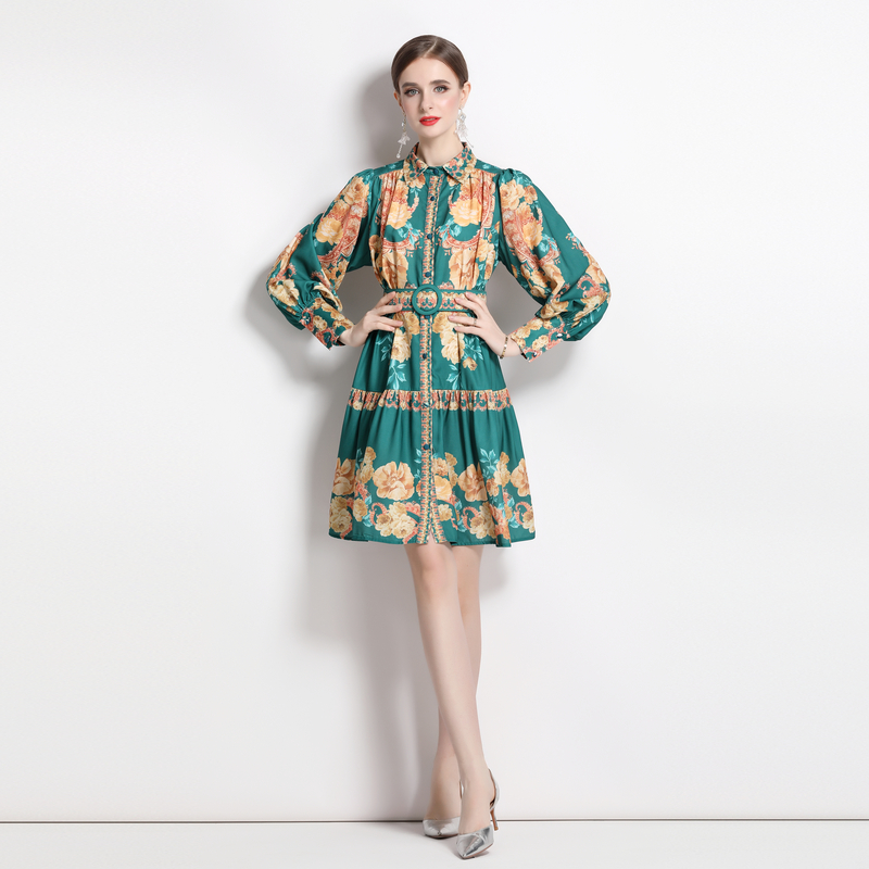 Fashion printing lantern sleeve high waist dress