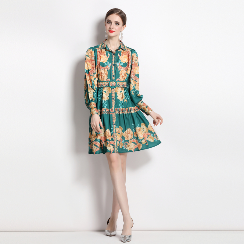 Fashion printing lantern sleeve high waist dress