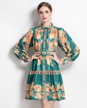 Fashion printing lantern sleeve high waist dress