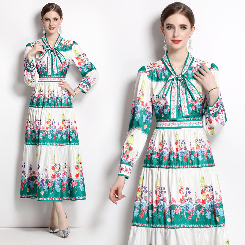 Lace temperament retro printing spring frenum dress