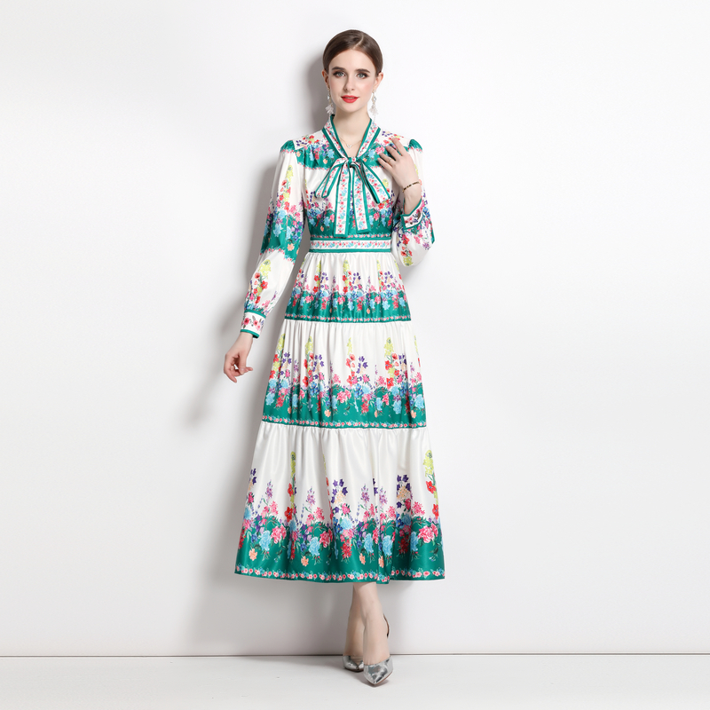 Lace temperament retro printing spring frenum dress