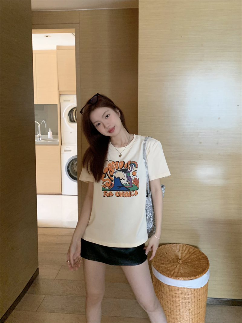 All-match printing T-shirt retro short sleeve tops for women