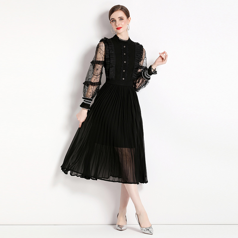Long big skirt black cstand collar spring temperament dress