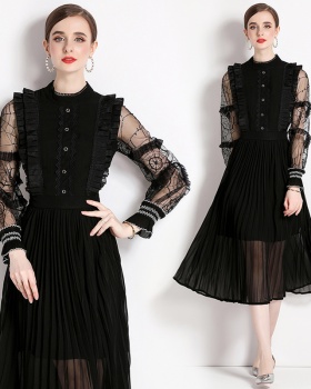 Long big skirt black cstand collar spring temperament dress