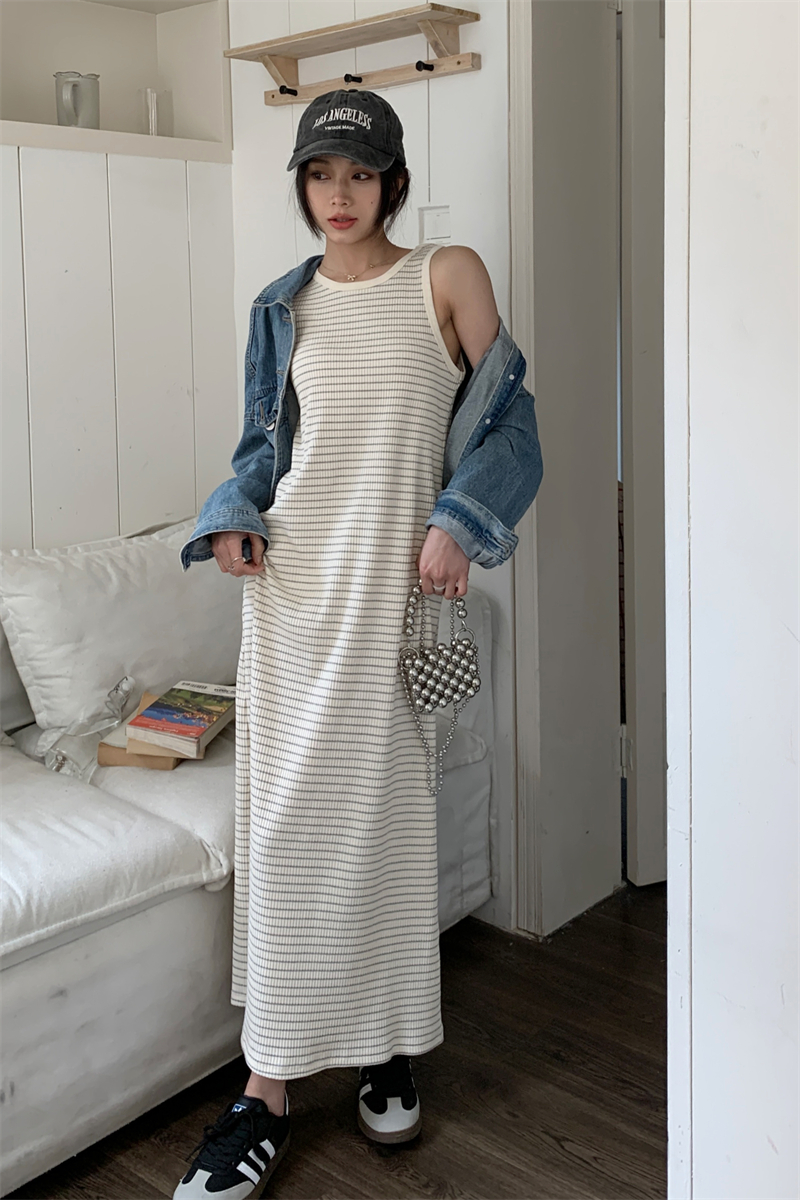 Sleeveless stripe long vest slim all-match dress