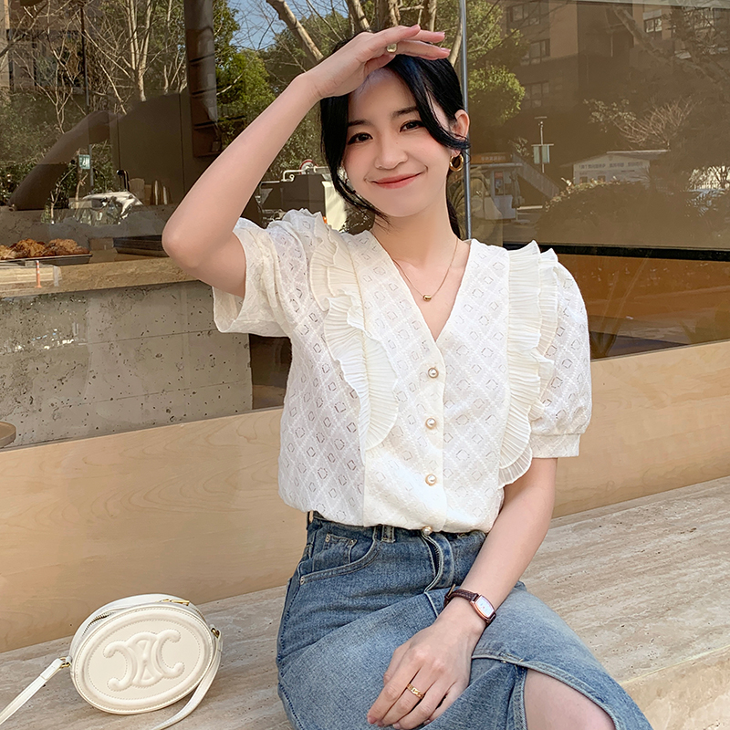 Korean style summer V-neck tops all-match short sleeve shirt