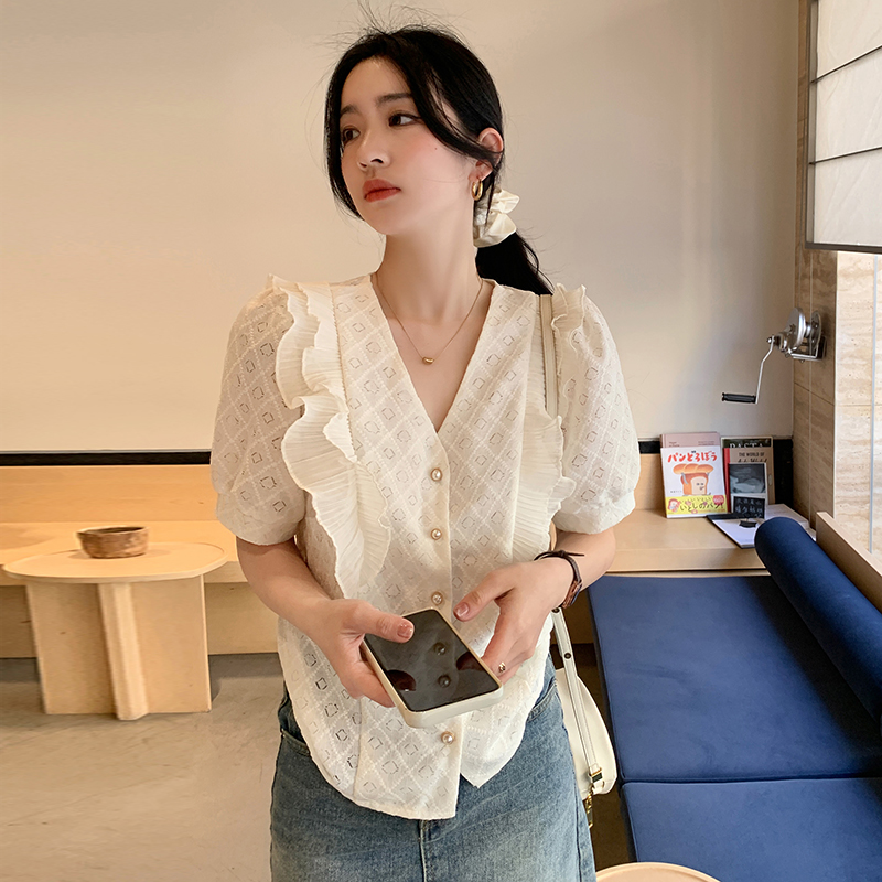 Korean style summer V-neck tops all-match short sleeve shirt