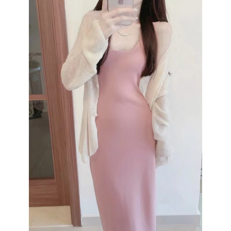 Pink sling cardigan knitted bottoming long dress for women
