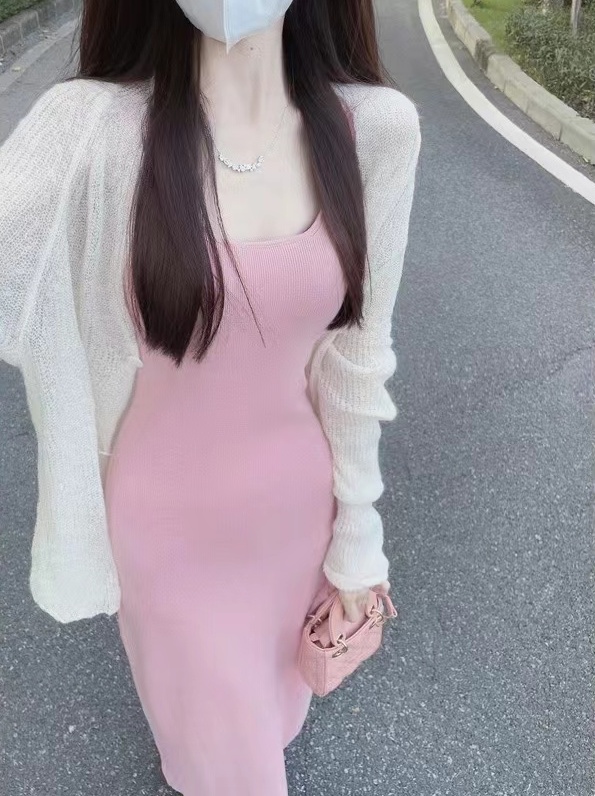 Pink sling cardigan knitted bottoming long dress for women